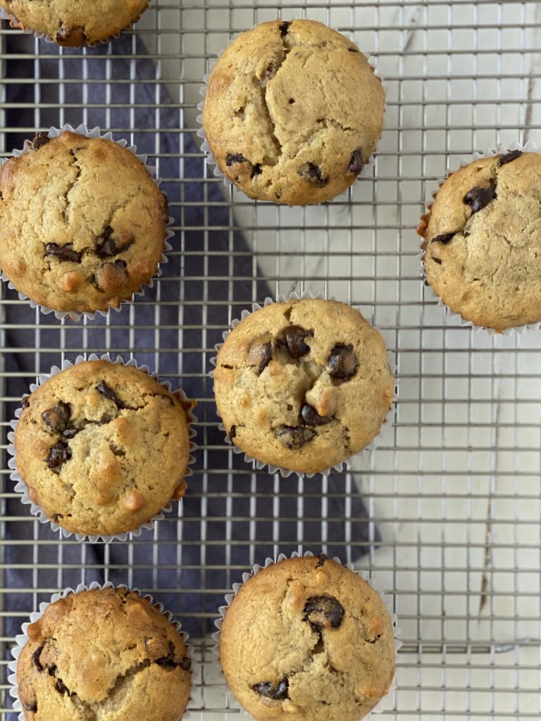 Vegan Friendly Chocolate Chip Banana Nut Muffins on wire rack