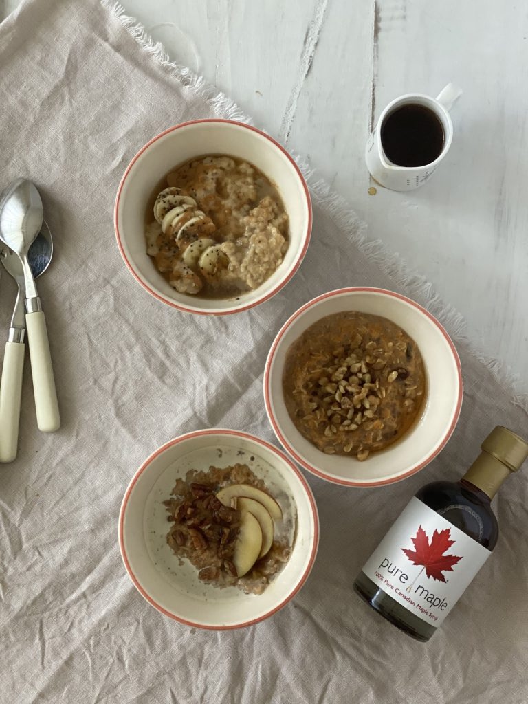 Apple and maple porridge, carrot cake with maple porridge and peanut butter and banana with maple porridge