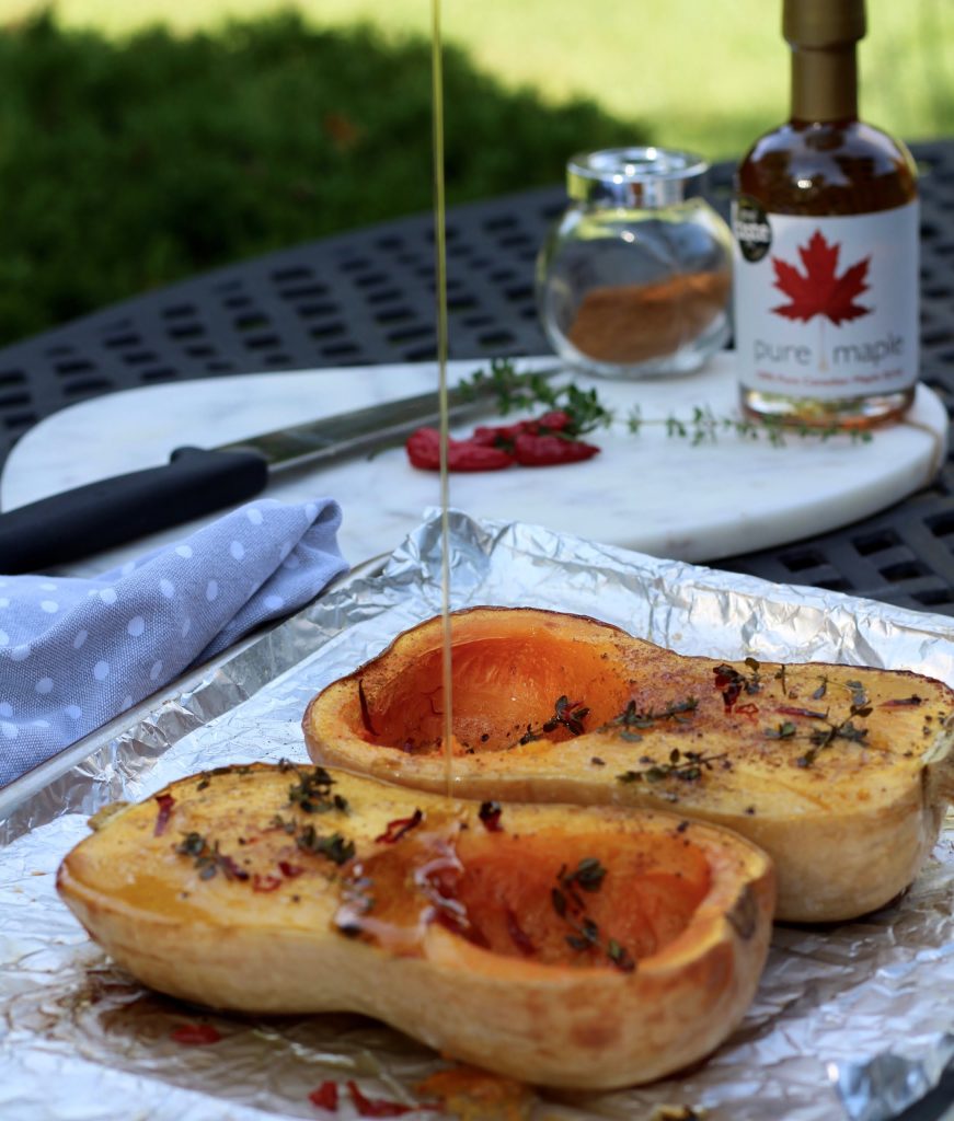 Roasted butternut squash with chilli pepper and maple syrup