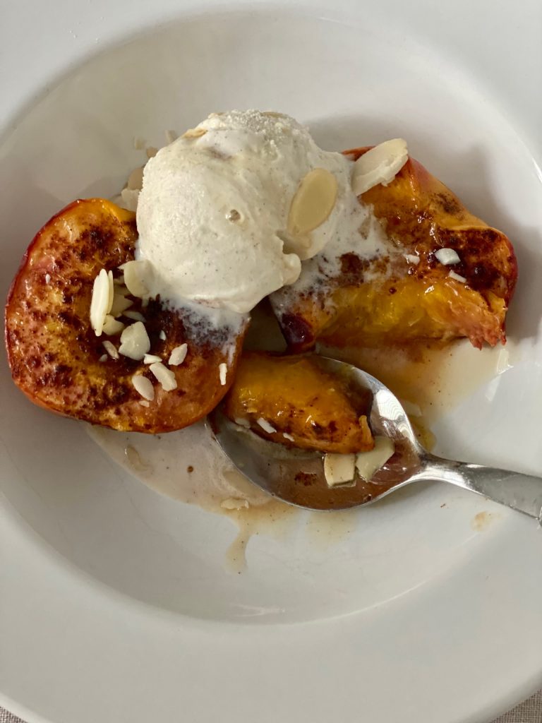 Maple Baked Peaches with ice cream and almonds 2 Pure Maple