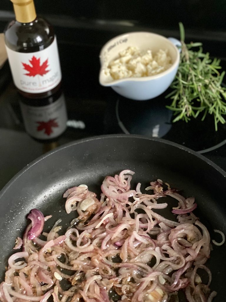 Red onions frying in maple syrup Pure Maplejpg