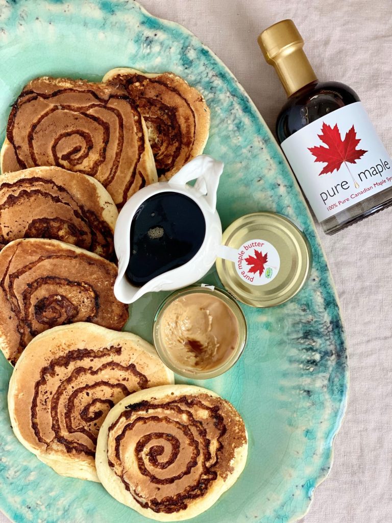 Platter with Maple and Cinnamon Swirl Pancakes Pure Maple