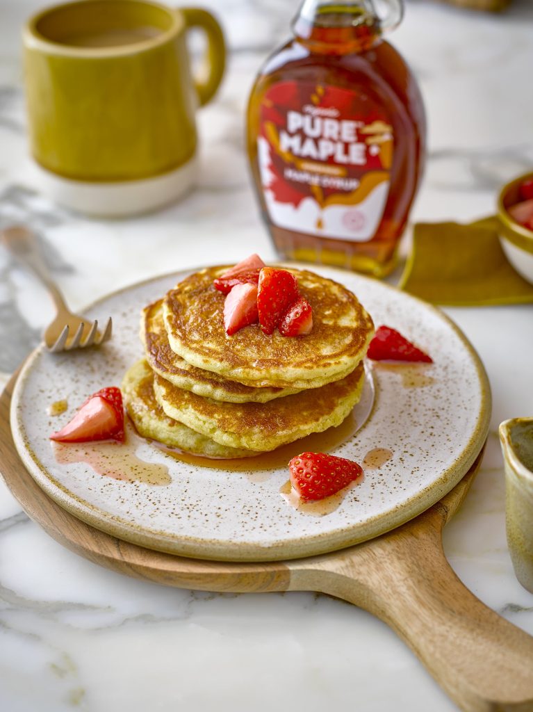 Classic Pancake Breakfast with Pure Maple Syrup and Fresh Strawberries