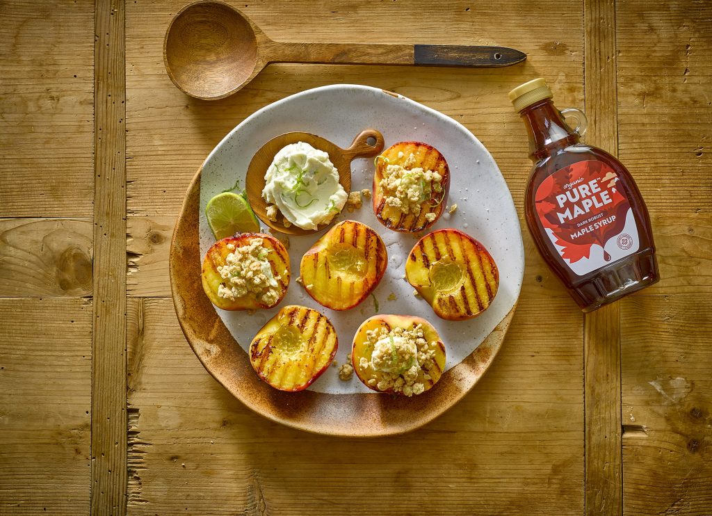 Pure Maple Syrup Grilled Peaches with Crumble Topping