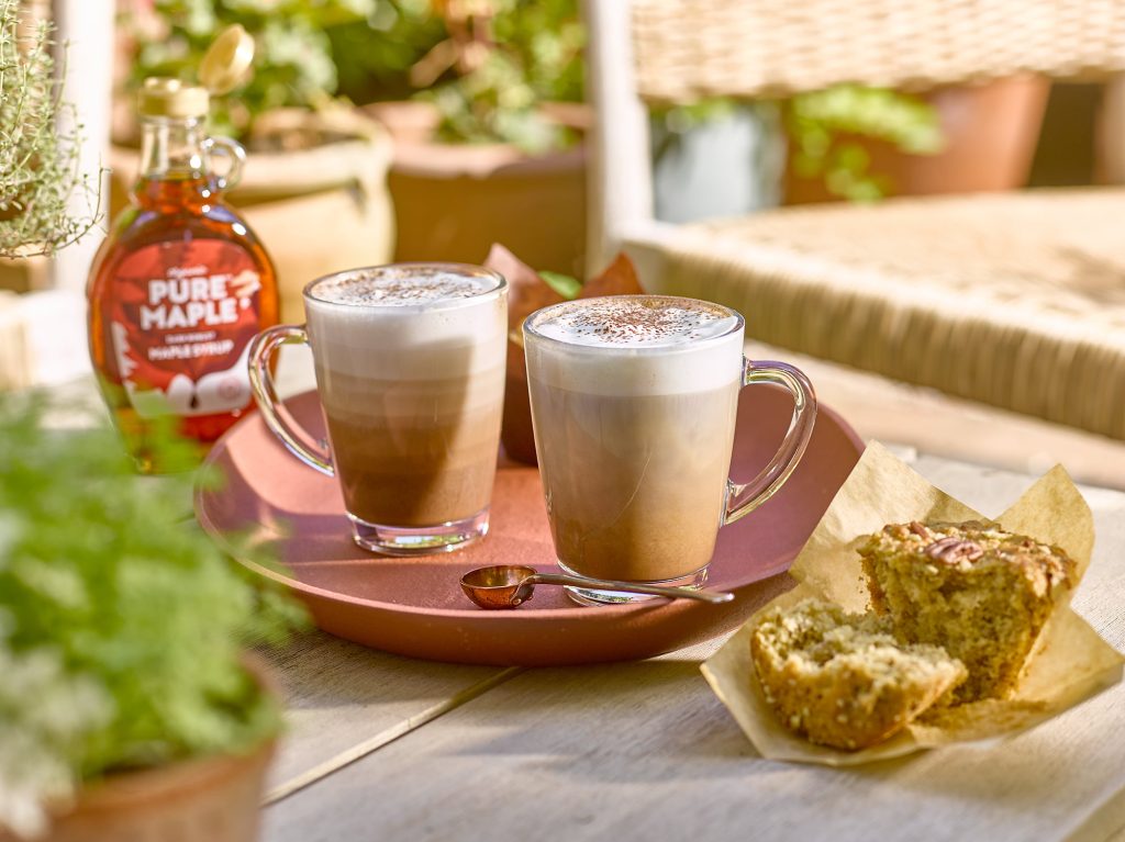 Maple Syrup Lattes with Pecan Muffins in a Garden