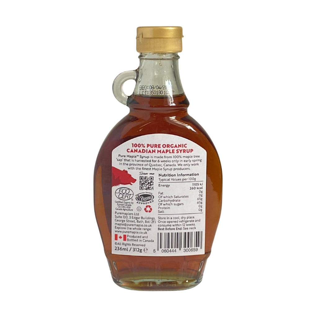 Pure Maple Organic Amber Rich Maple Syrup Back Label Information (236ml)