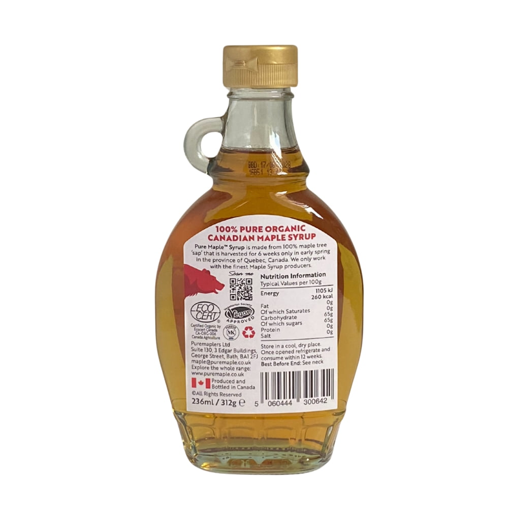 Pure Maple Golden Delicate Organic Maple Syrup Rear Label Information (236ml)