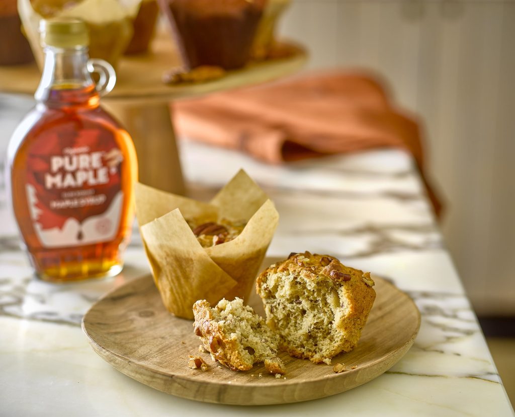 Pure Maple Syrup Pecan Muffins Served on a Wooden Plate