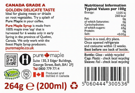 Golden Delicate Maple Syrup 200ml 264g - label - Pure Maple Syrup